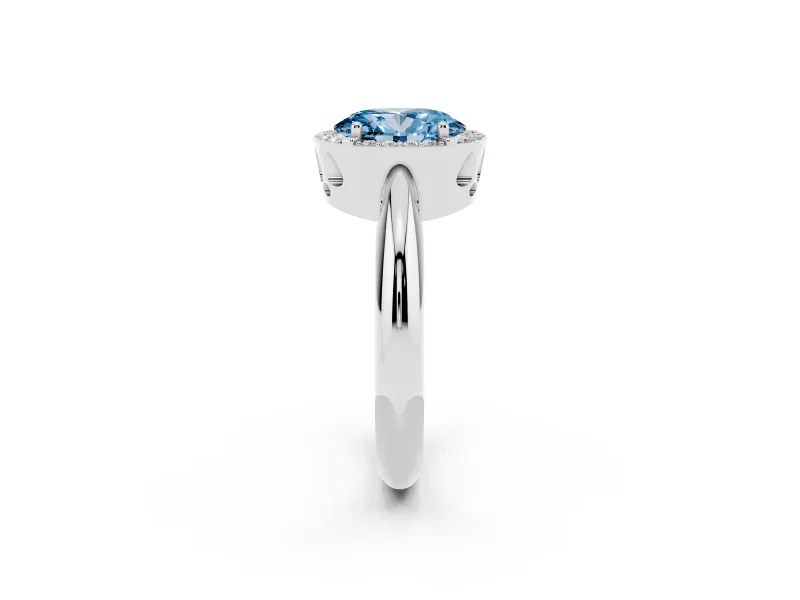Fancy Blue Oval Cut Diamond Halo Engagement Ring Set in Platinum with Plain Split Shank and Prong Setting