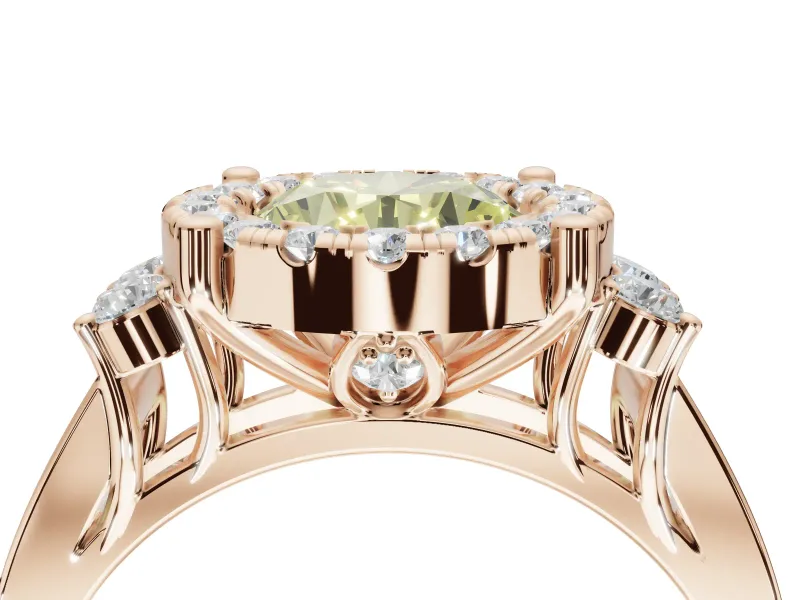 Round Halo Engagement Ring Setting for a Fancy Yellow Lab-Grown Diamond | Side Clusters | Rose Gold