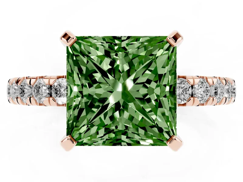 Fancy Green Princess Cut Diamond Pavé Solitaire Ring Set in Rose gold with Round Band and Prong Setting