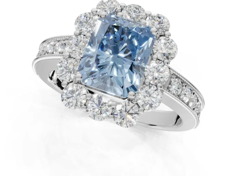 Radiant Cut Vintage Halo Engagement Ring Setting for a Fancy Blue Lab-Grown Diamond | Milgrain Channel Band | White Gold