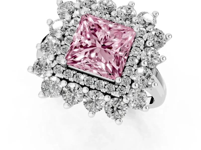 Princess Cut Floral Double Halo Engagement Ring Setting for a Fancy Pink Lab-Grown Diamond | Plain Band | Platinum
