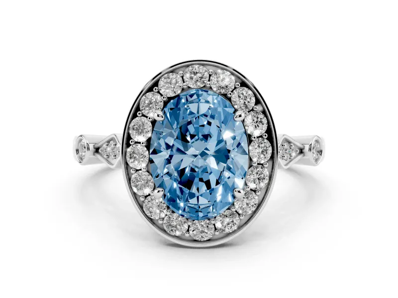 Fancy Blue Oval Cut Diamond Halo Engagement Ring Set in Platinum with Twisted Band and Prong Setting