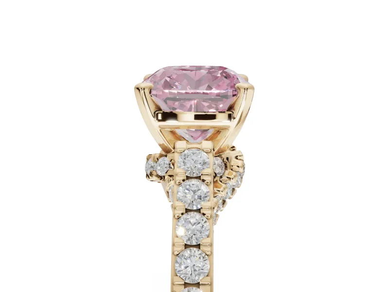 Cushion Cut Pavé Solitaire Engagement Ring Setting for a Fancy Pink Lab-Grown Diamond | Crossover Gallery | Yellow Gold