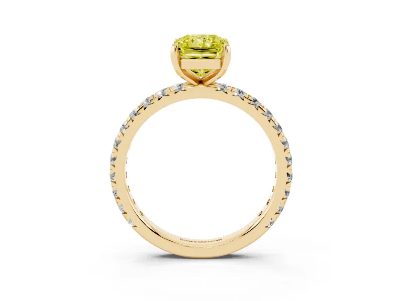 Fancy Yellow Radiant Cut Diamond Pavé Solitaire Ring Set in Yellow gold with Round Band and Prong Setting