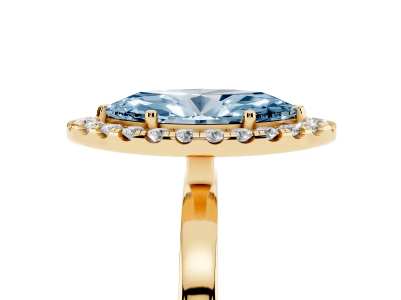 Fancy Blue Marquise Cut Diamond Halo Solitaire Ring Set in Yellow gold with Pavé Band and Prong Setting