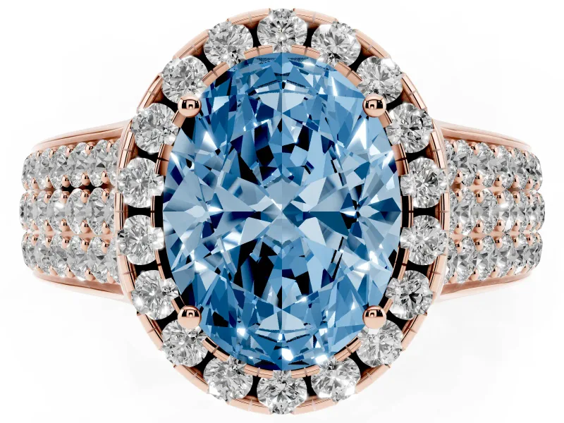 Fancy Blue Oval Cut Diamond Halo Ring Set in Rose gold with Pavé Band and Raised Center Setting