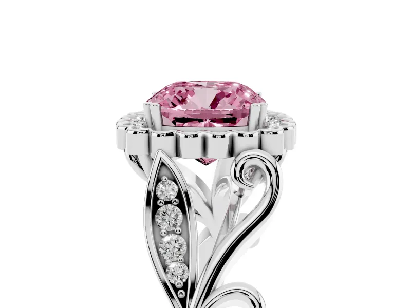 Cushion Cut Leaf Halo Engagement Ring Setting for a Fancy Pink Lab-Grown Diamond | Sterling Silver