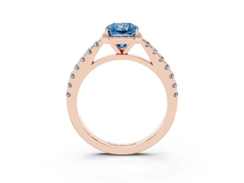 Fancy Blue Radiant Cut Diamond Halo Engagement Ring Set in Rose gold with Pavé Band and Prong Setting