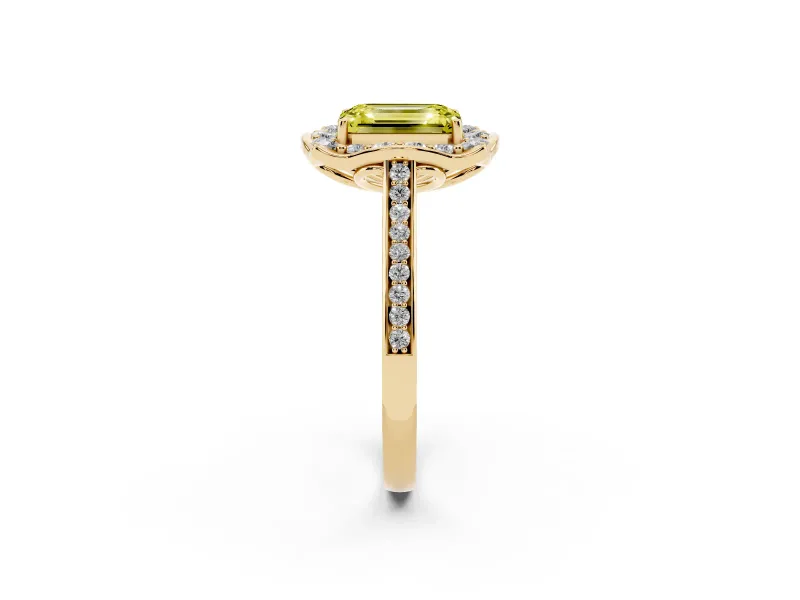 Emerald Cut Petal Tip Halo Engagement Ring Setting for a Fancy Yellow Lab-Grown Diamond | Pavé Band | Yellow Gold