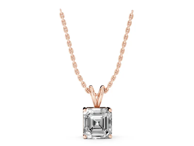 Asscher Cut Lab-Grown Diamond Solitaire Pendant Necklace | V-Shaped Bail | Rose Gold