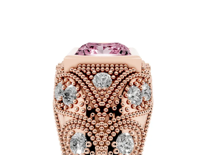Fancy Pink Princess Cut Diamond Bezel Ring Set in Rose gold with Milgrain Accent Band