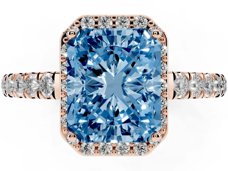 Radiant Cut Halo Pavé Engagement Ring Setting for a Fancy Blue Lab-Grown Diamond | Rose Gold