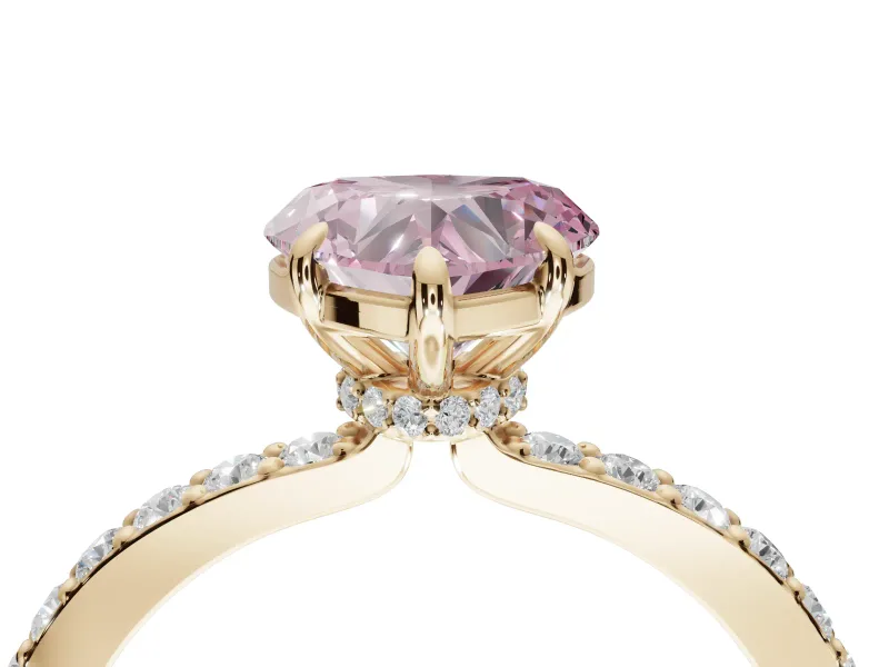 Heart-Shaped Hidden Halo Engagement Ring Setting for a Fancy Pink Lab-Grown Diamond | Pavé Band | Yellow Gold