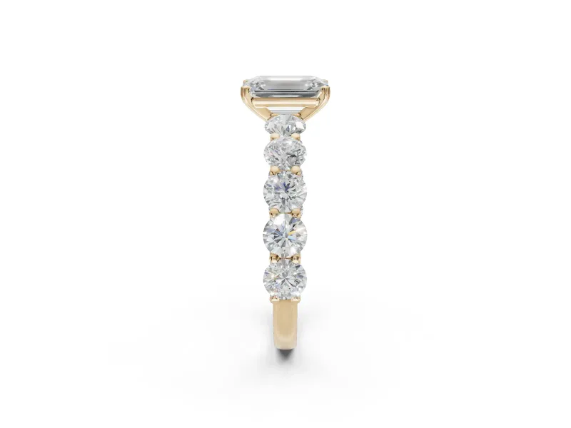 Emerald Cut Side Stone Engagement Ring Setting | Scalloped Prong Accents | Yellow Gold