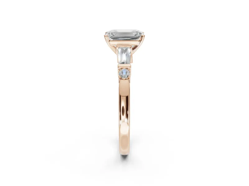 Emerald Cut Tapered Baguette Engagement Ring Setting | Bar Set Sides | Rose Gold