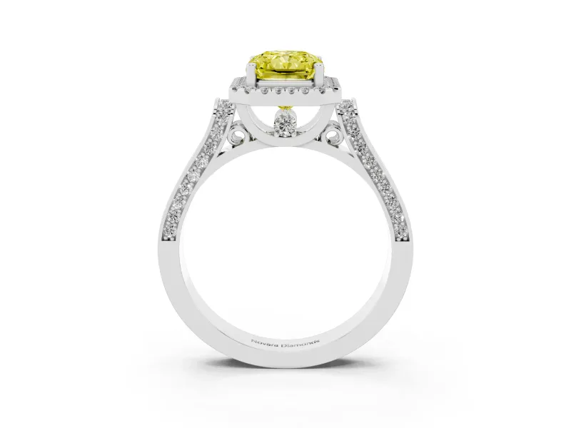 Radiant Cut Halo Engagement Ring Setting for a Fancy Yellow Lab-Grown Diamond | Pavé Panel Shoulders | White Gold