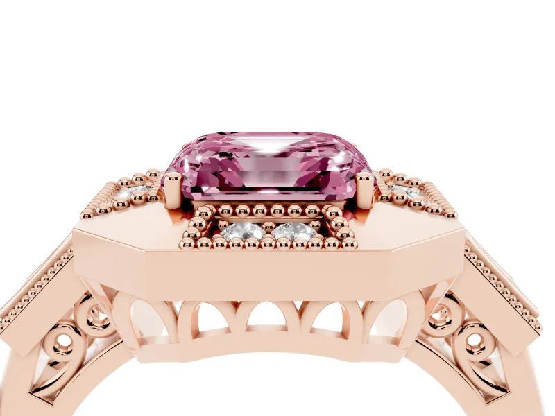 Fancy Pink Asscher Cut Diamond Milgrain Halo Ring Set in Rose gold with Split Shank