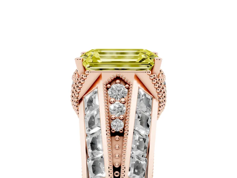 Emerald Cut Vintage Milgrain Engagement Ring Setting for a Fancy Yellow Lab-Grown Diamond | Hidden Halo | Rose Gold