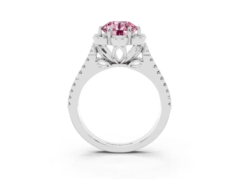 Round Floral Halo Engagement Ring Setting for a Fancy Pink Lab-Grown Diamond | Pavé Split Shank | Sterling Silver