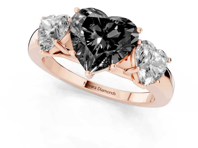 Fancy Black Heart Cut Diamond Three-Stone Ring Set in Rose gold with Bold Center and Classic Band