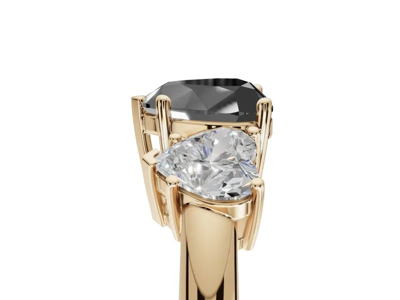 Heart-Shaped 3 Stone Engagement Ring Setting for a Black Center | Yellow Gold