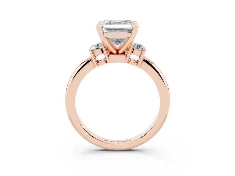 Three-Stone Asscher Cut Diamond Ring Set in Rose gold with Prong Setting and Plain Band