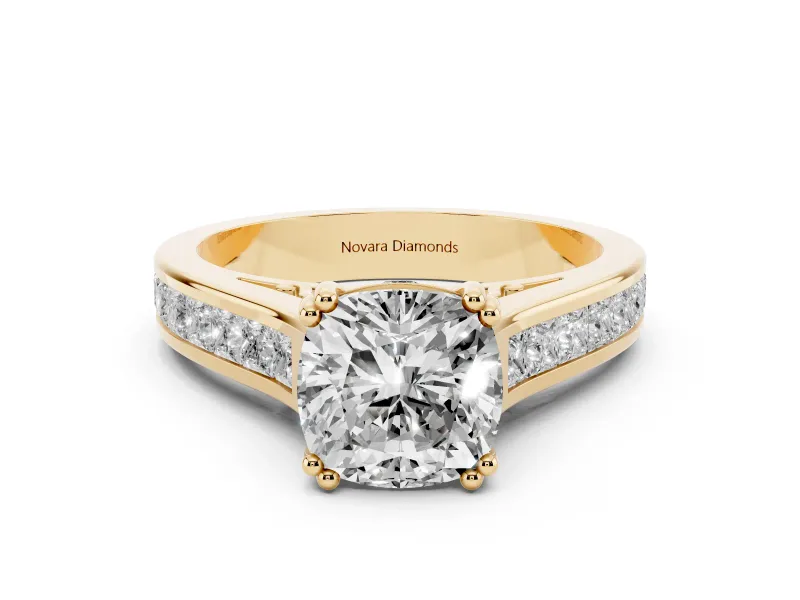 Cushion Cut Diamond Channel Set Solitaire Engagement Ring Set in Yellow gold with Prong Setting