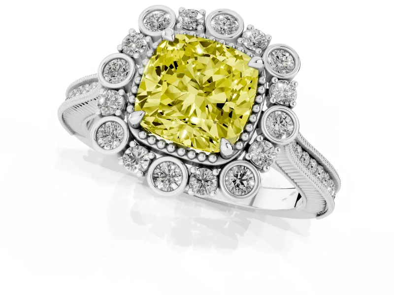 Fancy Yellow Cushion Cut Diamond Halo Milgrain Pavé Ring Set in Silver with Prong Setting
