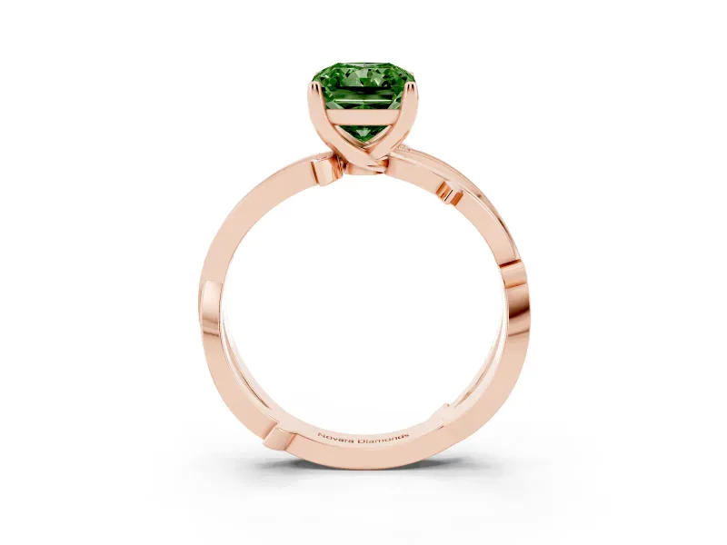 Fancy Green Radiant Cut Diamond Pavé Twist Band Solitaire Ring Set in Rose gold with Prong Setting