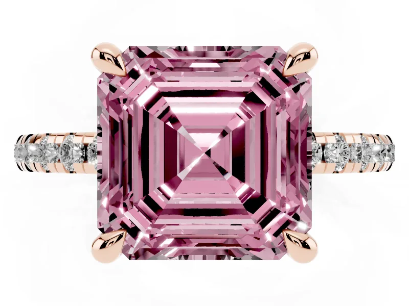 Fancy Pink Asscher Cut Diamond Brilliant Solitaire Ring Set in Rose gold with Pavé Band and Prong Setting
