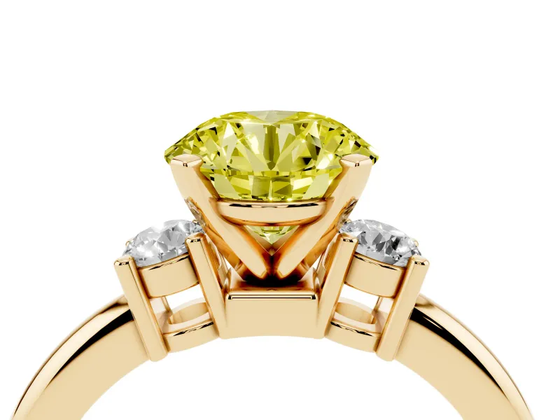 Round Three Stone Engagement Ring Setting for a Fancy Yellow Lab-Grown Diamond | Round Side Stones | Yellow Gold