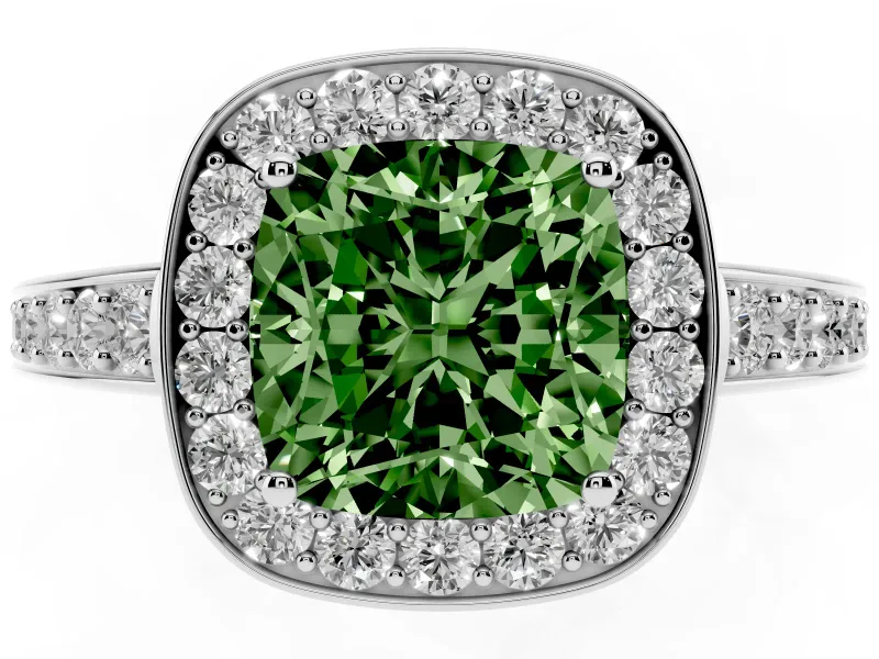 Fancy Green Cushion Cut Diamond Halo Pavé Engagement Ring Set in Platinum with Bezel Setting