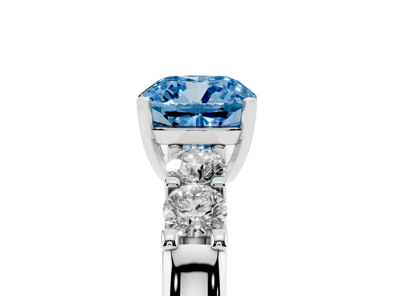 Fancy Blue Cushion Cut Diamond Five-Stone Prong Set Engagement Ring Set in Silver with Channel Band
