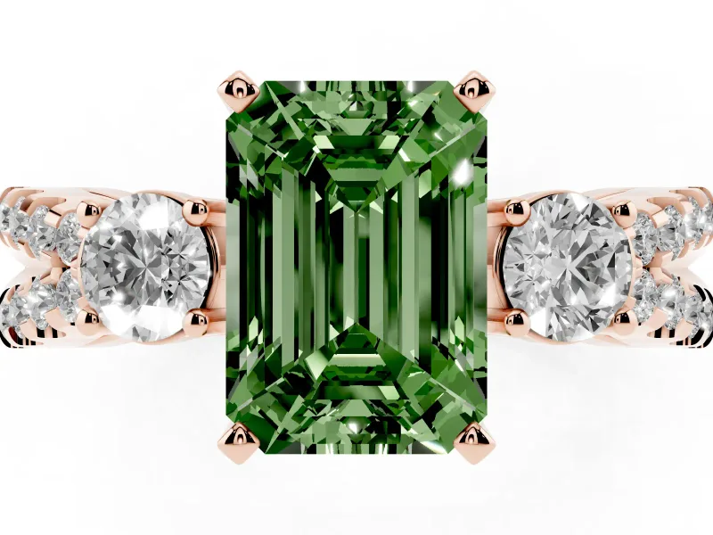 Fancy Green Emerald Cut Diamond Three-Stone Ring Set in Rose gold with Pavé Split Shank and Prong Setting
