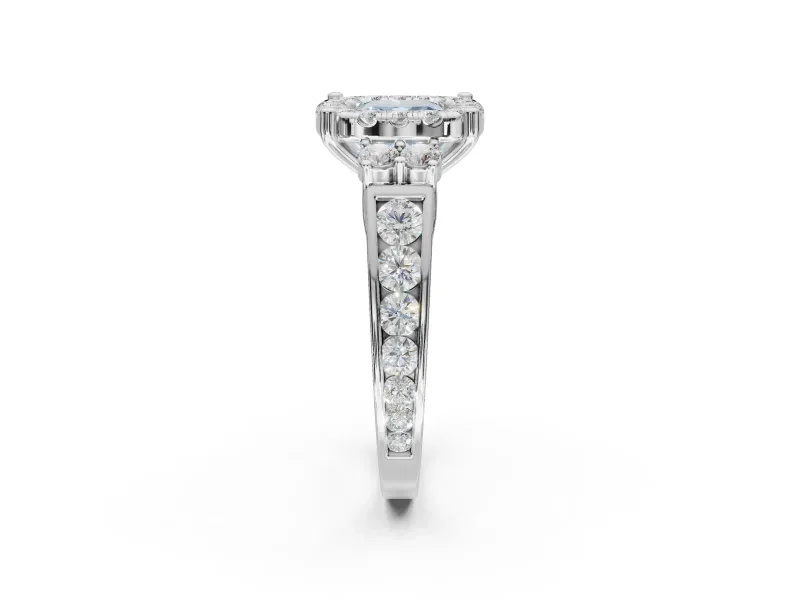 Cushion Cut Halo Engagement Ring Setting for a Fancy Blue Lab-Grown Diamond | Graduated Channel Band | White Gold