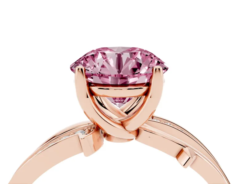 Fancy Pink Round Cut Diamond Pavé Twist Band Solitaire Ring Set in Rose gold with Prong Setting