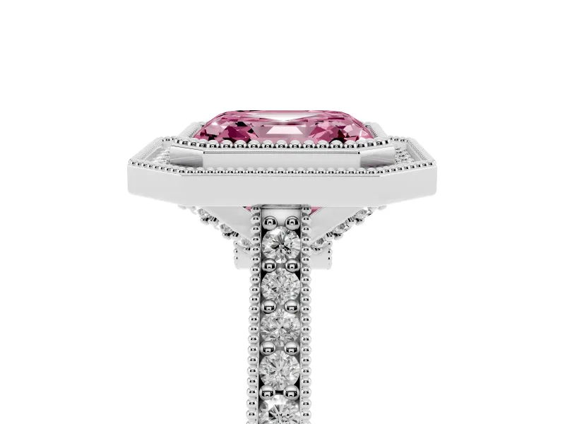Asscher Cut Vintage Milgrain Halo Engagement Ring Setting for a Fancy Pink Lab-Grown Diamond | Bezel Head | Platinum