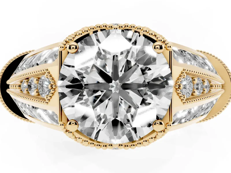 Round Cut Diamond Vintage-Inspired Milgrain Ring Set in Yellow gold with Accent Split Shank
