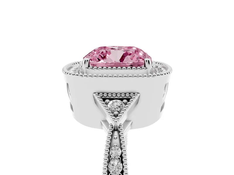 Fancy Pink Cushion Cut Diamond Halo Engagement Ring Set in Silver with Milgrain Pavé Band