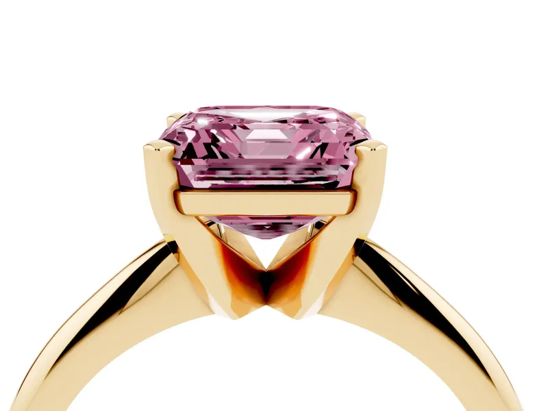 Fancy Pink Asscher Cut Diamond Solitaire Ring Set in Yellow gold with Prong Setting on a Plain Round Band
