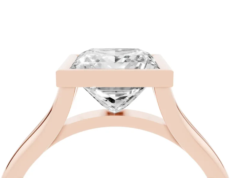 Princess Cut Bezel Solitaire Engagement Ring Setting | V Split Shank | Rose Gold