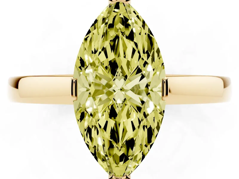 Fancy Yellow Marquise Cut Diamond Solitaire Ring Set in Yellow gold with Prong Head and Smooth Polished Band