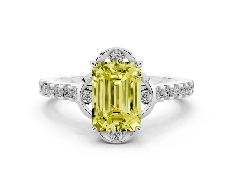 Fancy Yellow Emerald Cut Diamond Solitaire Ring Set in Silver with Pavé Band and Floral Prong Setting