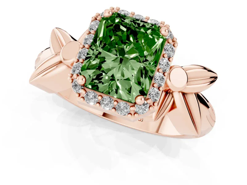 Radiant Cut Floral Halo Engagement Ring Setting for a Fancy Green Lab-Grown Diamond | Rose Gold
