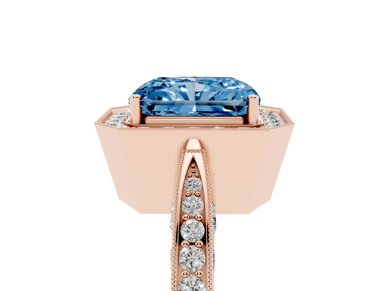 Radiant Cut Milgrain Halo Engagement Ring Setting for a Fancy Blue Lab-Grown Diamond | Side Stones | Rose Gold