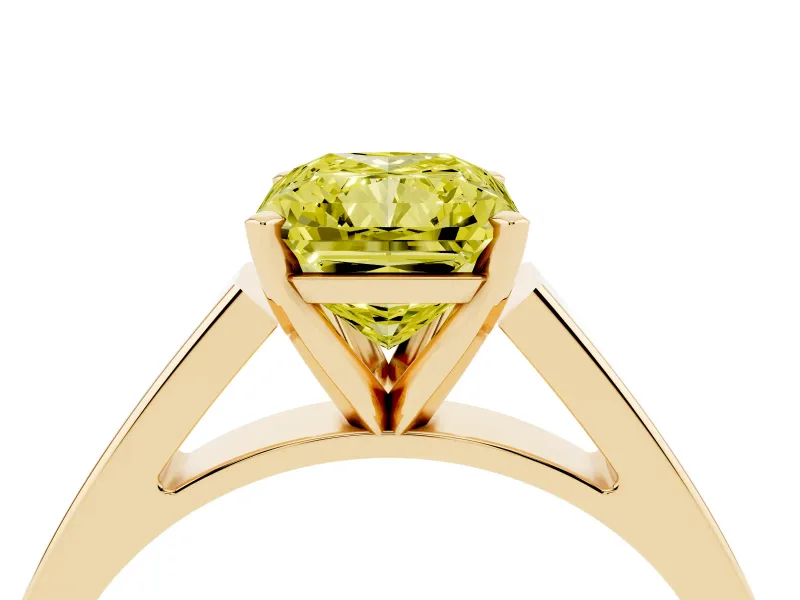 Fancy Yellow Radiant Cut Diamond Solitaire Engagement Ring Set in Yellow gold with Prong Setting and Tapered Band