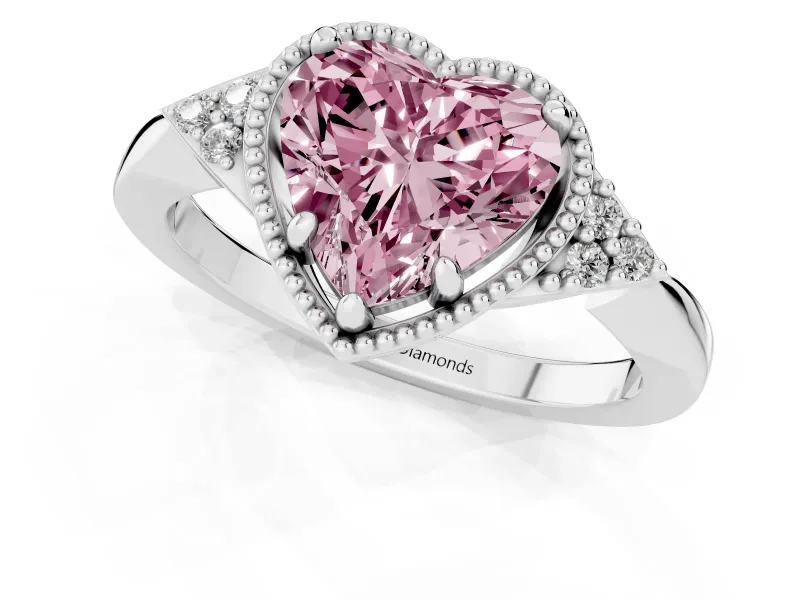 Fancy Pink Heart Cut Diamond Milgrain Solitaire Ring Set in White gold with Tapered Pavé Band and Prong Setting