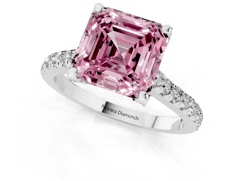 Asscher Cut Hidden Halo Pave Engagement Ring Setting for a Fancy Pink Lab-Grown Diamond | Claw Prongs | Sterling Silver