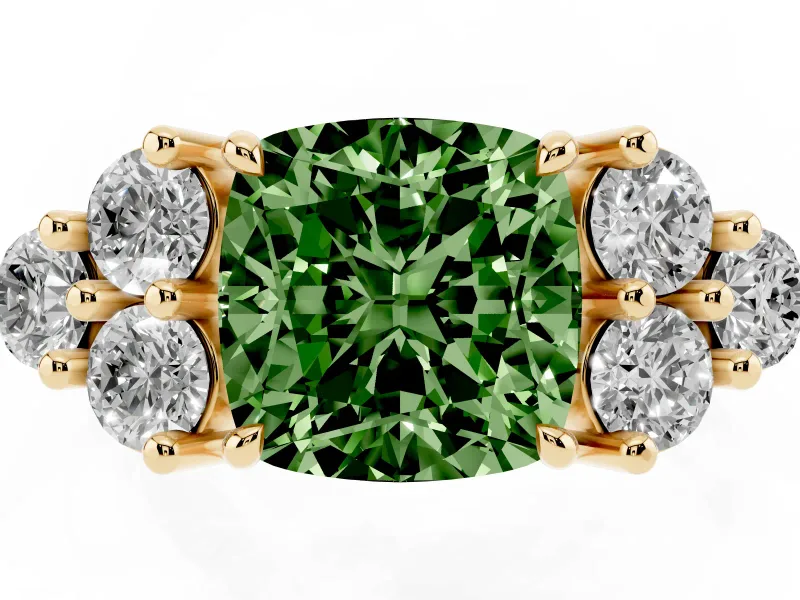 Fancy Green Cushion Cut Diamond Solitaire Ring Set in Yellow gold with Cluster Accents on Each Side