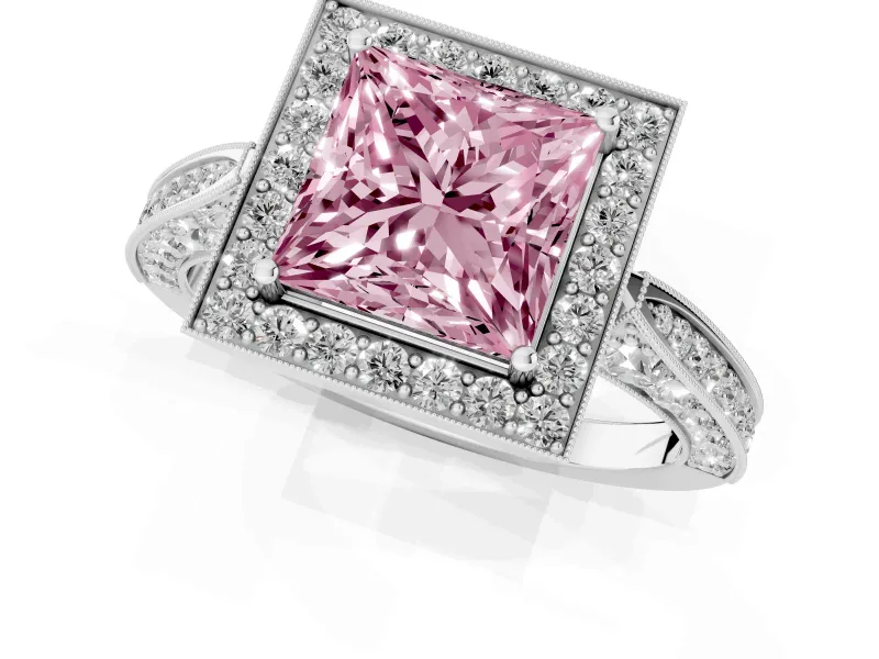 Princess Cut Milgrain Halo Engagement Ring Setting for a Fancy Pink Lab-Grown Diamond | Side Stones | White Gold